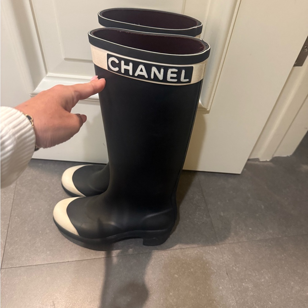 CHANEL Black and White Tall Boots